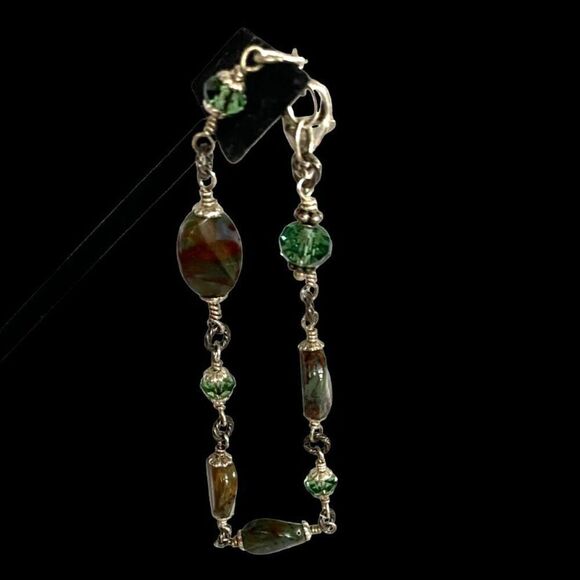 MK# Green & Brown Agate & Sterling 925 Silver Bracelet - Picture 7 of 9